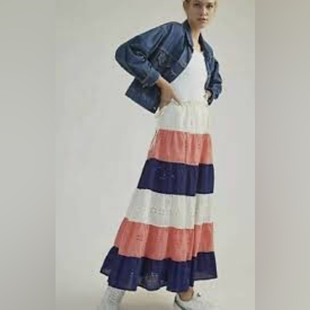 Anthropologie Hutch Cream, Coral, and Navy Eyelet Maxi  Skirt Large